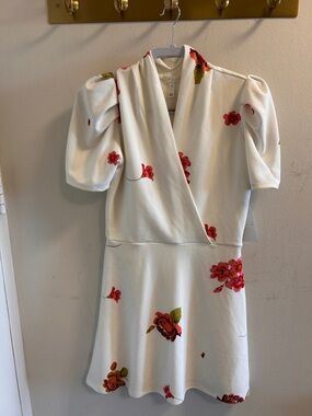 Leith White Wrap-Style Dress with Red and Orange Floral Detail